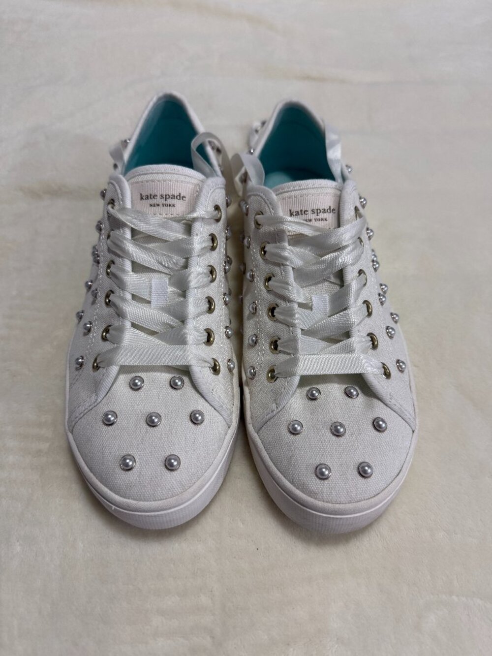 Kate Spade Match Pearl Embellished Sneakers Women's 7.5B White Canvas Lace Up